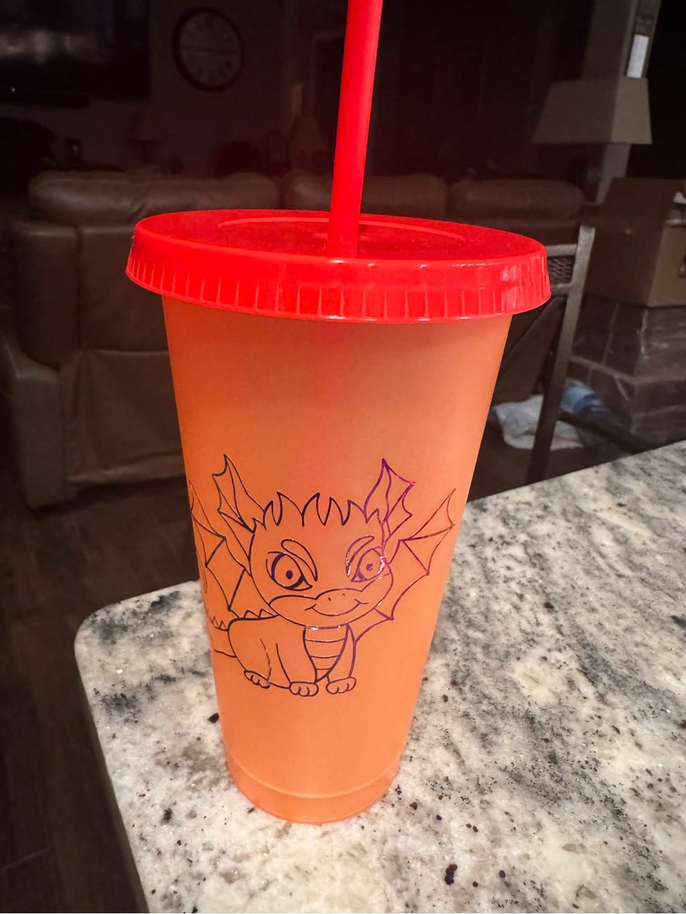 Color changing Hand Crafted Orange Tumbler with Red Lid and Straw